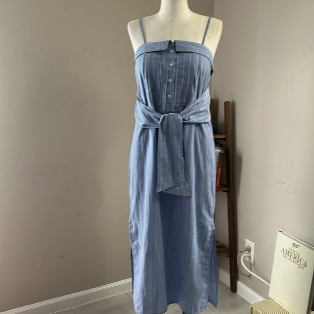 Club Monaco Radura Pinstripe Chambray Preppy Beachy Tie Front Cotton Dress 2